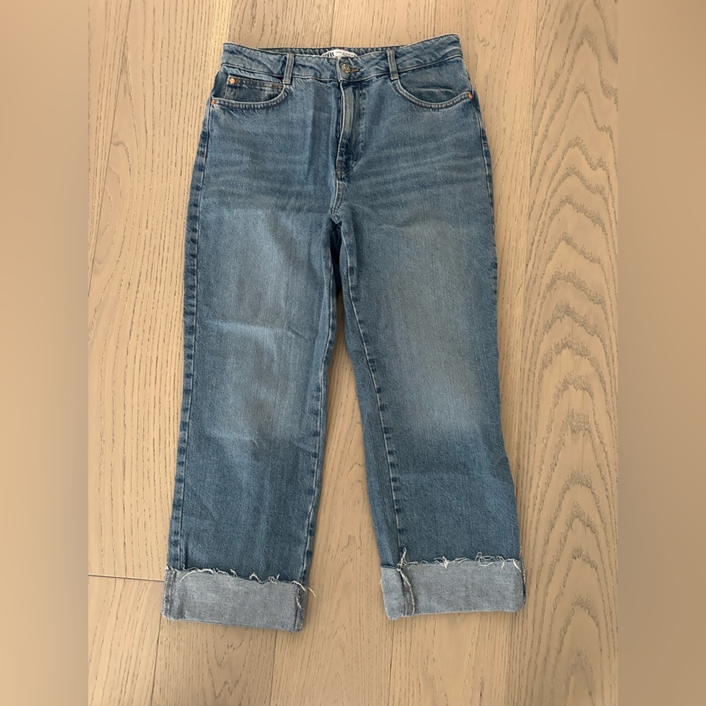 Zara Mid Blue Denim Straight Leg Cuffed Jeans